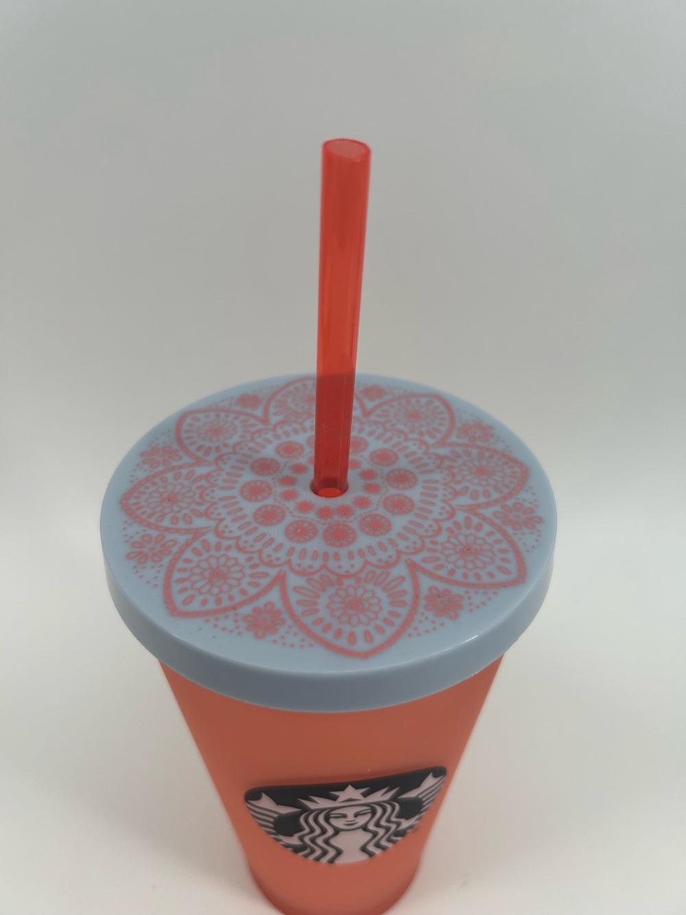 Starbucks Coral Orange Cold Cup Tumbler Blue Mandala Lid Straw Reusable